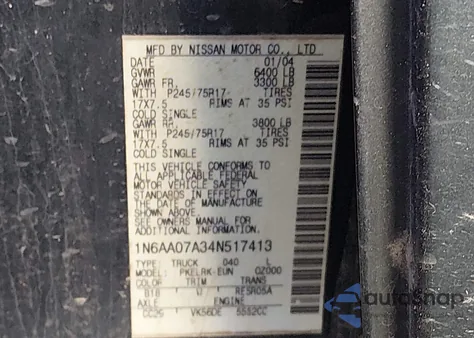 2004 Nissan Titan Xe from USA, damaged, VIN 1N6AA07A34N517413